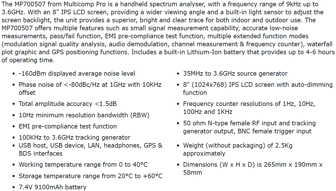 מנתח תדרים ידני MULTICOMP PRO SPECTRUM ANALYZER MP700507 TEXT